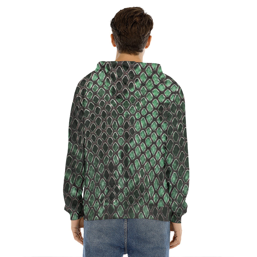 Green Snakeskin Print Men's Velvet Pullover Hoodie