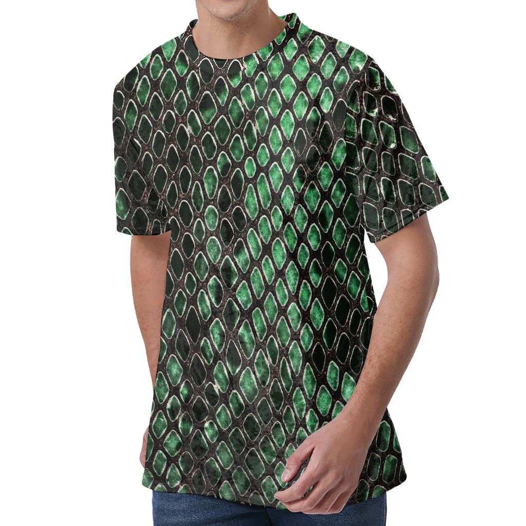 Green Snakeskin Print Men's Velvet T-Shirt