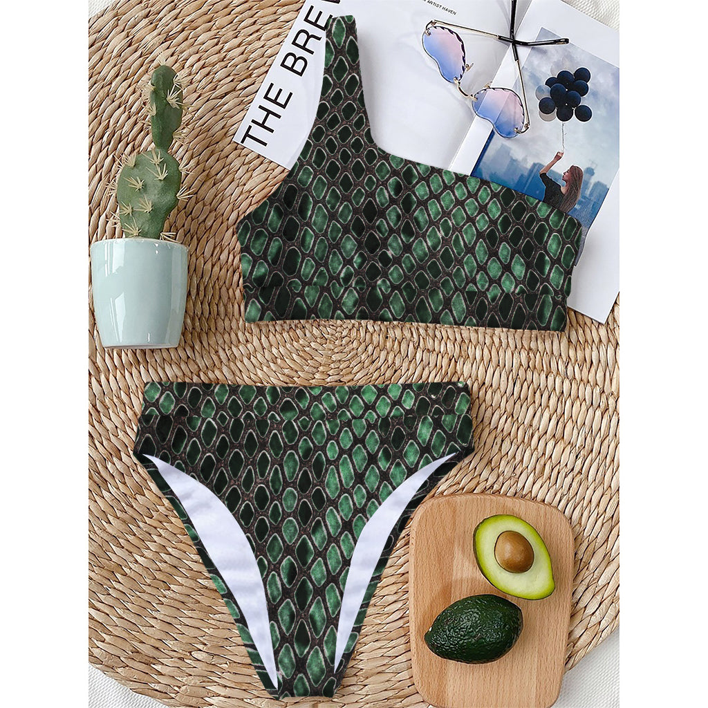 Green Snakeskin Print One Shoulder Bikini Top