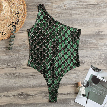 Green Snakeskin Print One Shoulder Bodysuit