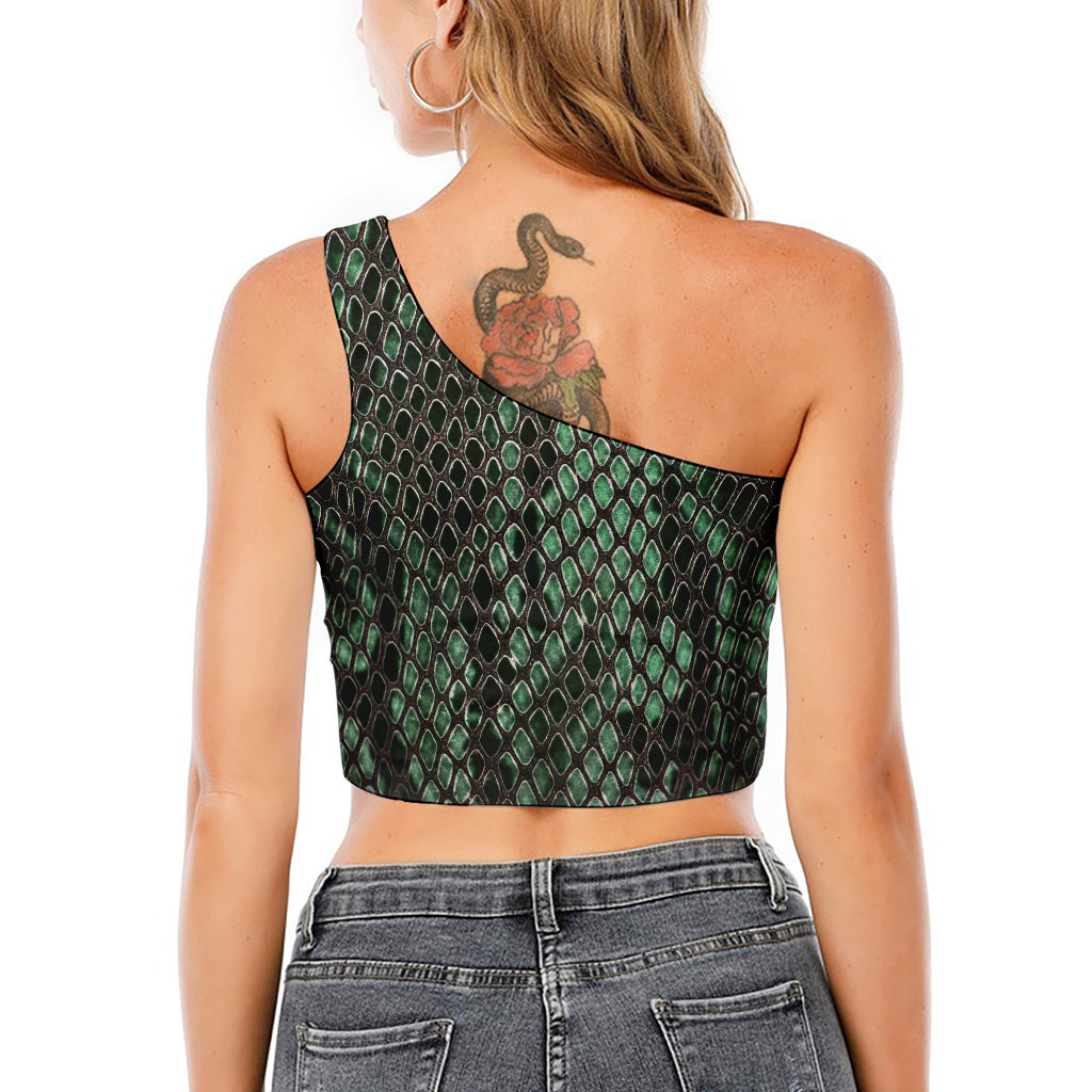 Green Snakeskin Print One Shoulder Crop Top