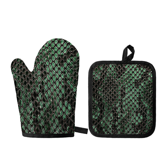 Green Snakeskin Print Oven Mitt And Pot Holder Set