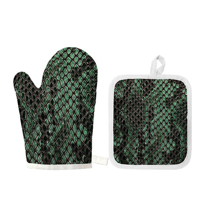 Green Snakeskin Print Oven Mitt And Pot Holder Set