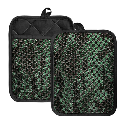 Green Snakeskin Print Pot Holders With Pocket