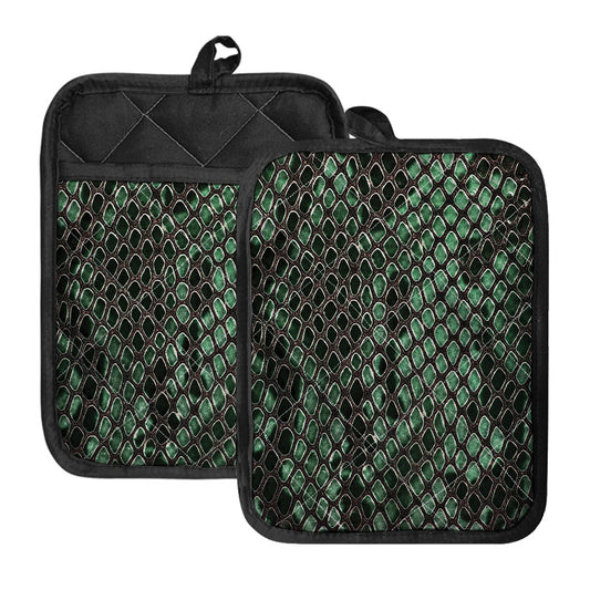 Green Snakeskin Print Pot Holders With Pocket