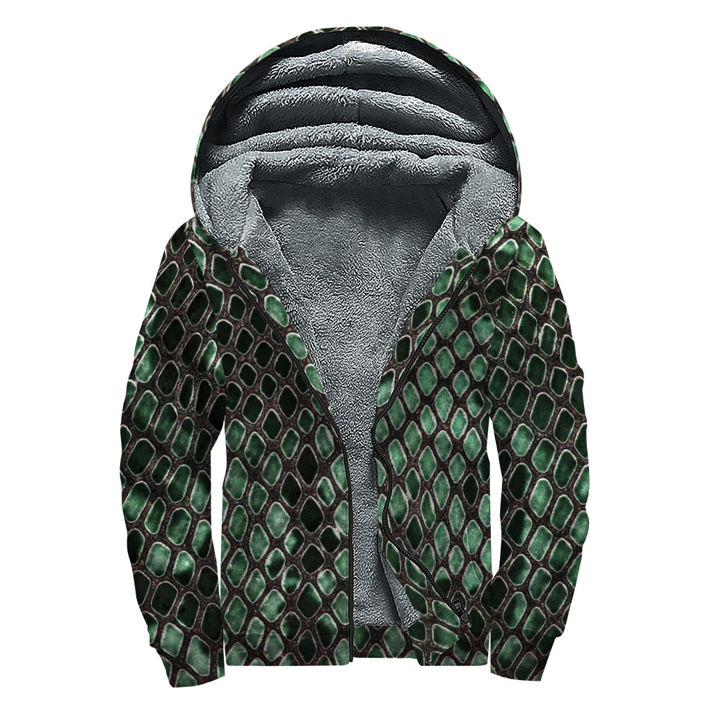 Green Snakeskin Print Sherpa Lined Zip Up Hoodie