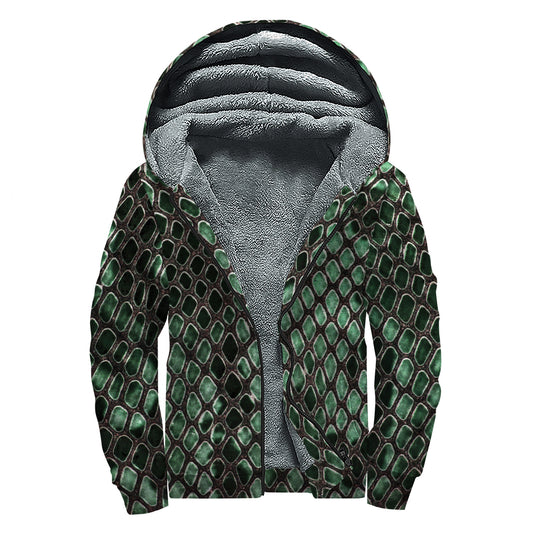 Green Snakeskin Print Sherpa Lined Zip Up Hoodie