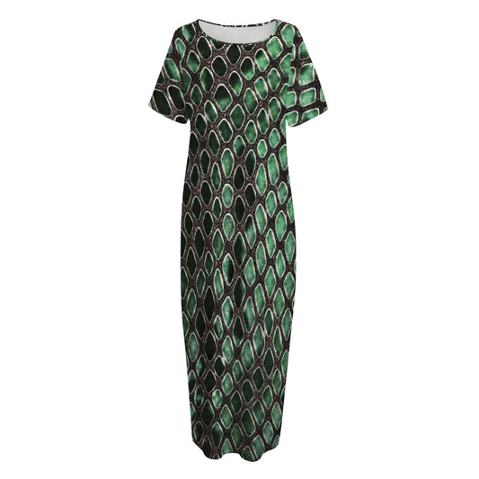 Green Snakeskin Print Short Sleeve Long Nightdress