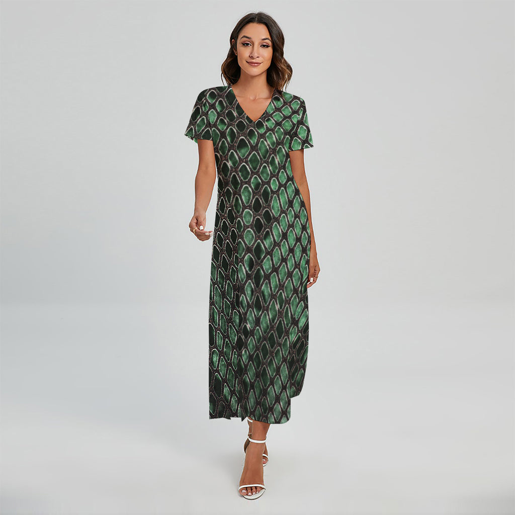 Green Snakeskin Print Short Sleeve Maxi Dress