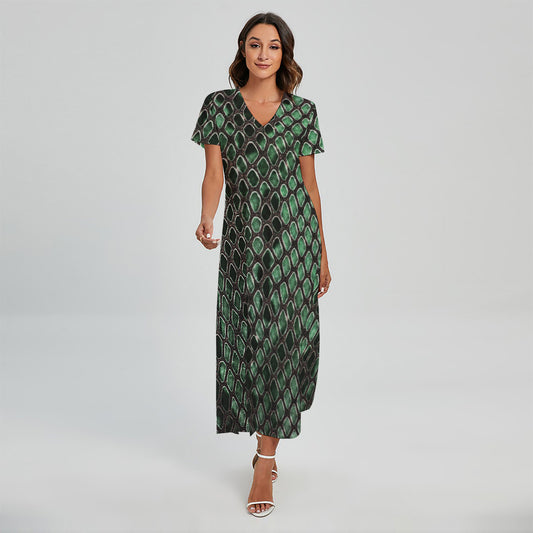 Green Snakeskin Print Short Sleeve Maxi Dress