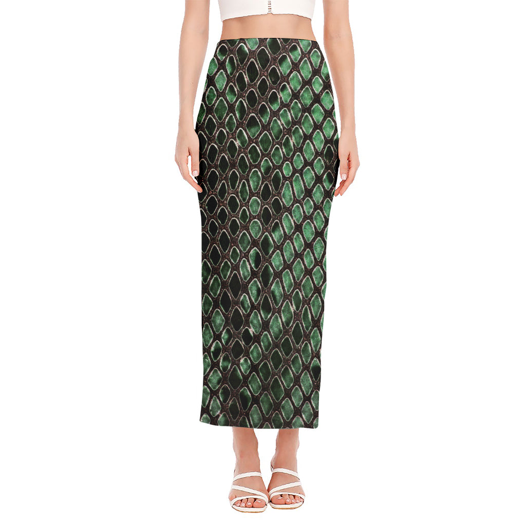 Green Snakeskin Print Side Slit Maxi Skirt