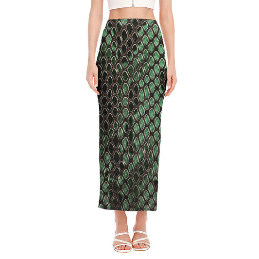 Green Snakeskin Print Side Slit Maxi Skirt