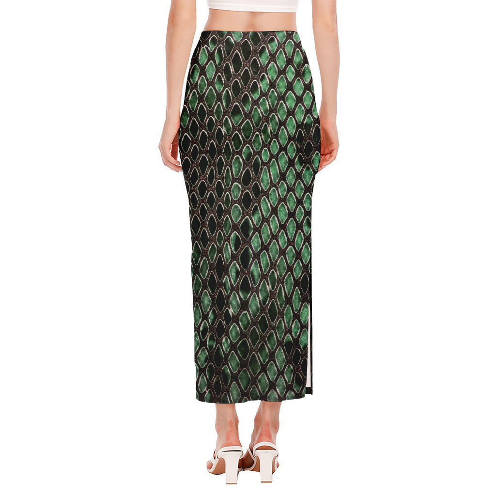 Green Snakeskin Print Side Slit Maxi Skirt