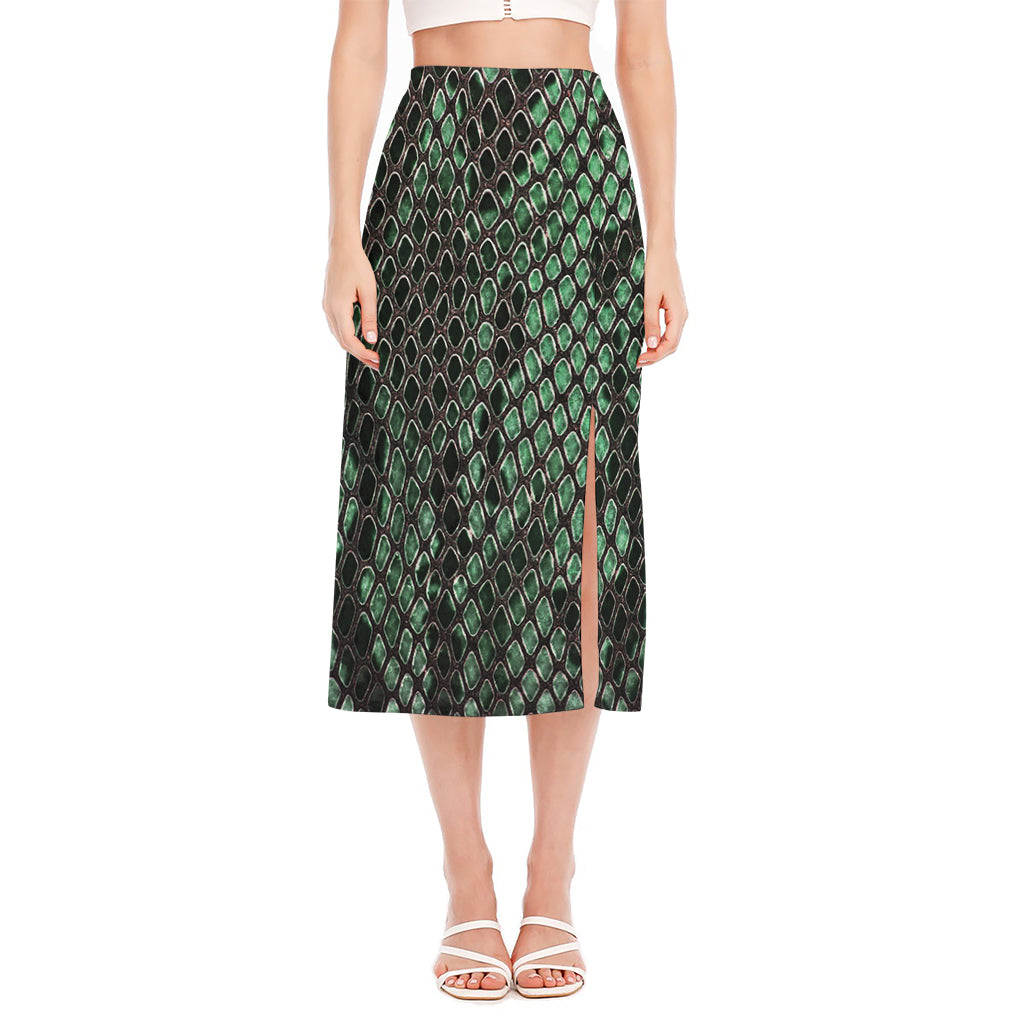 Green Snakeskin Print Side Slit Midi Skirt