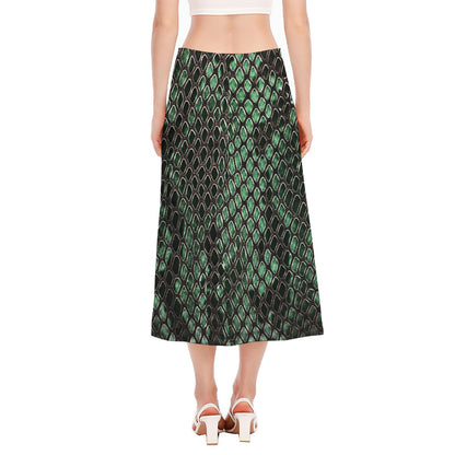 Green Snakeskin Print Side Slit Midi Skirt