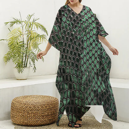 Green Snakeskin Print Silk V-Neck Kaftan Dress