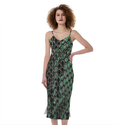 Green Snakeskin Print Slim Fit Midi Cami Dress