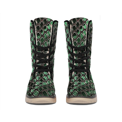 Green Snakeskin Print Winter Boots