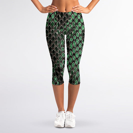 Green Snakeskin Print Women's Capri Leggings
