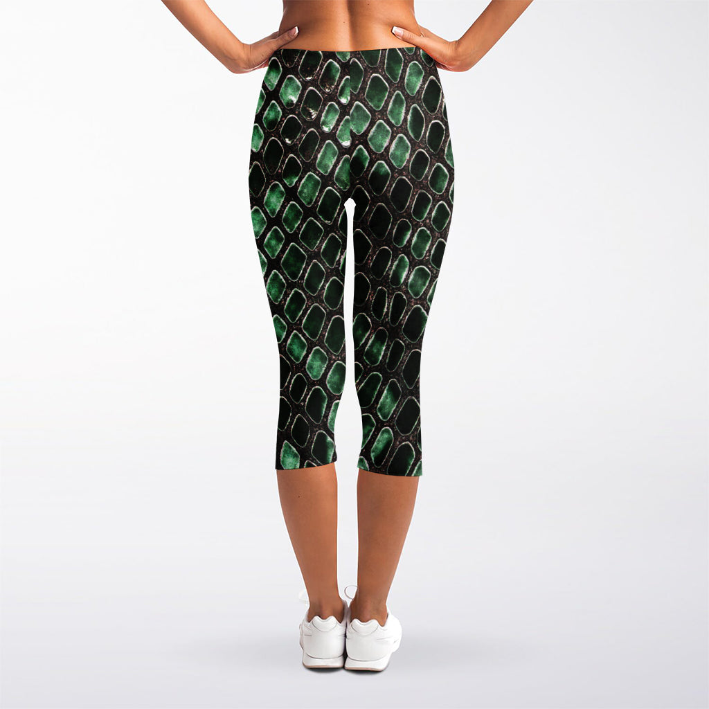 Green Snakeskin Print Women's Capri Leggings