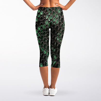 Green Snakeskin Print Women's Capri Leggings