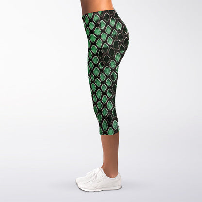 Green Snakeskin Print Women's Capri Leggings