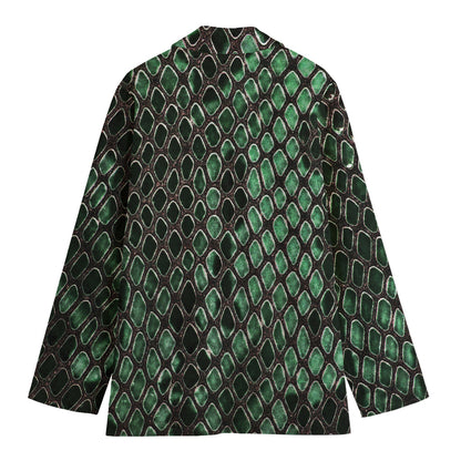 Green Snakeskin Print Women's Cotton Blazer