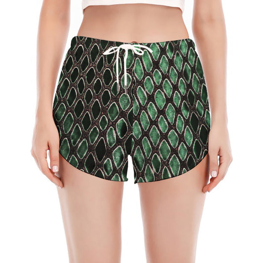 Green Snakeskin Print Women's Split Running Shorts