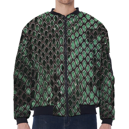 Green Snakeskin Print Zip Sleeve Bomber Jacket