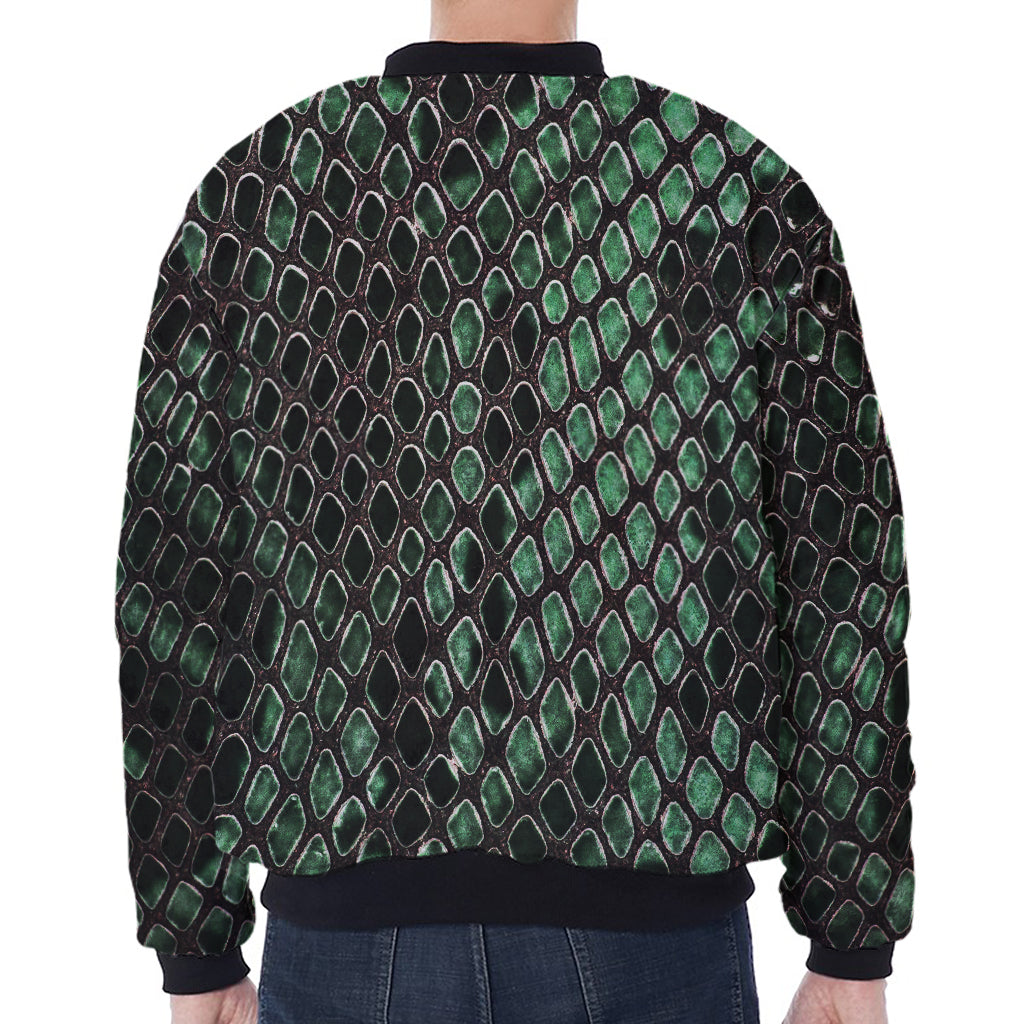 Green Snakeskin Print Zip Sleeve Bomber Jacket