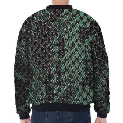 Green Snakeskin Print Zip Sleeve Bomber Jacket