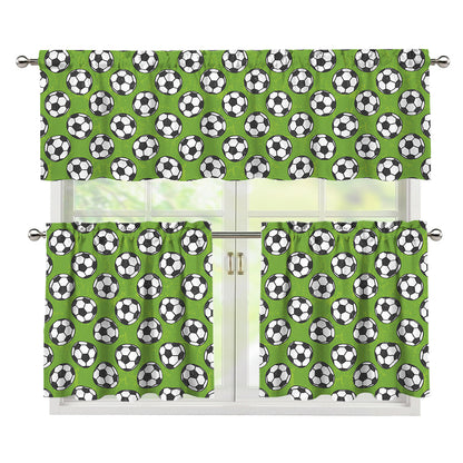 Green Soccer Ball Pattern Print 3 Piece Kitchen Curtains