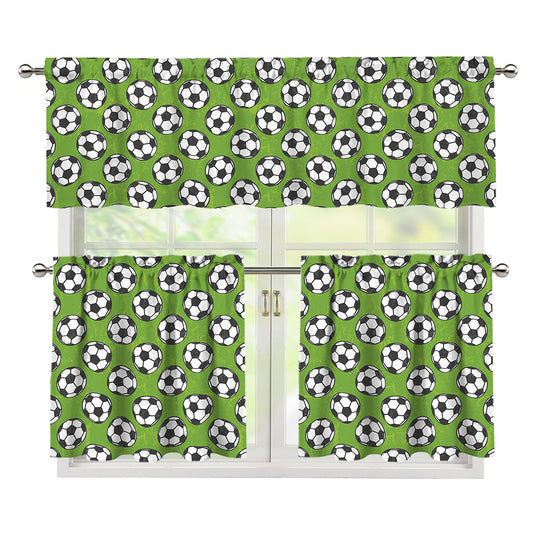 Green Soccer Ball Pattern Print 3 Piece Kitchen Curtains