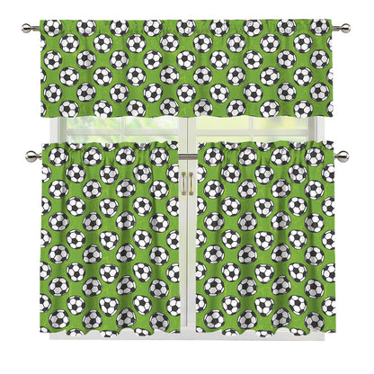Green Soccer Ball Pattern Print 3 Piece Kitchen Curtains