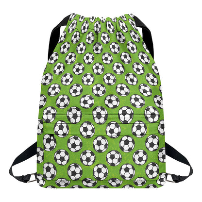 Green Soccer Ball Pattern Print Drawstring Backpack