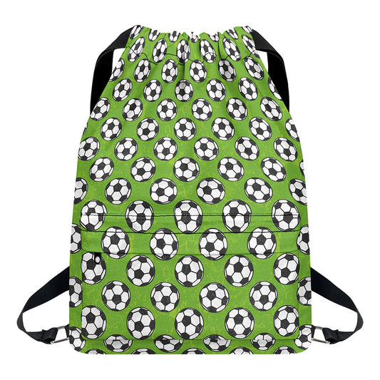 Green Soccer Ball Pattern Print Drawstring Backpack
