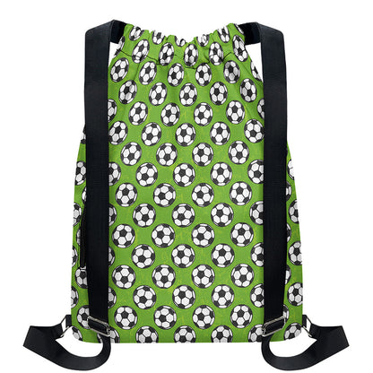 Green Soccer Ball Pattern Print Drawstring Backpack