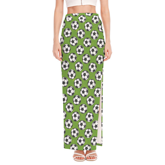 Green Soccer Ball Pattern Print High Slit Maxi Skirt