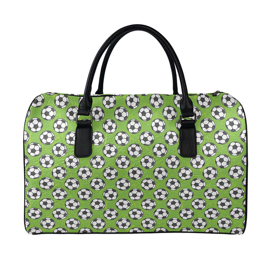 Green Soccer Ball Pattern Print Leather Duffle Bag