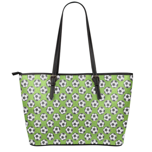 Green Soccer Ball Pattern Print Leather Tote Bag