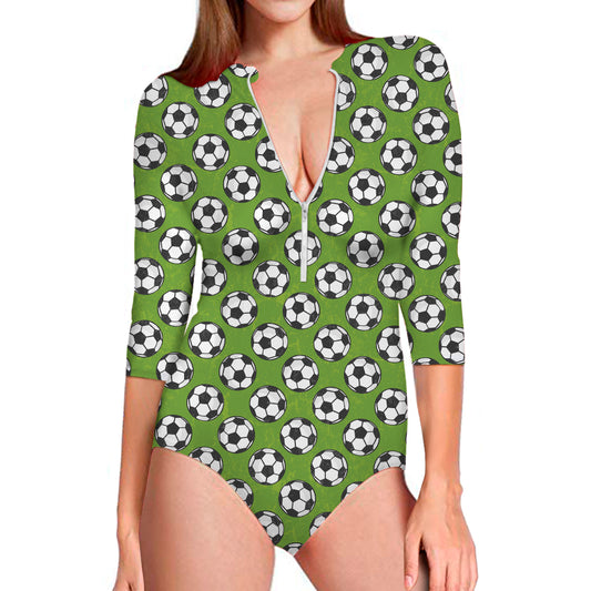 Green Soccer Ball Pattern Print Long Sleeve Swimsuit
