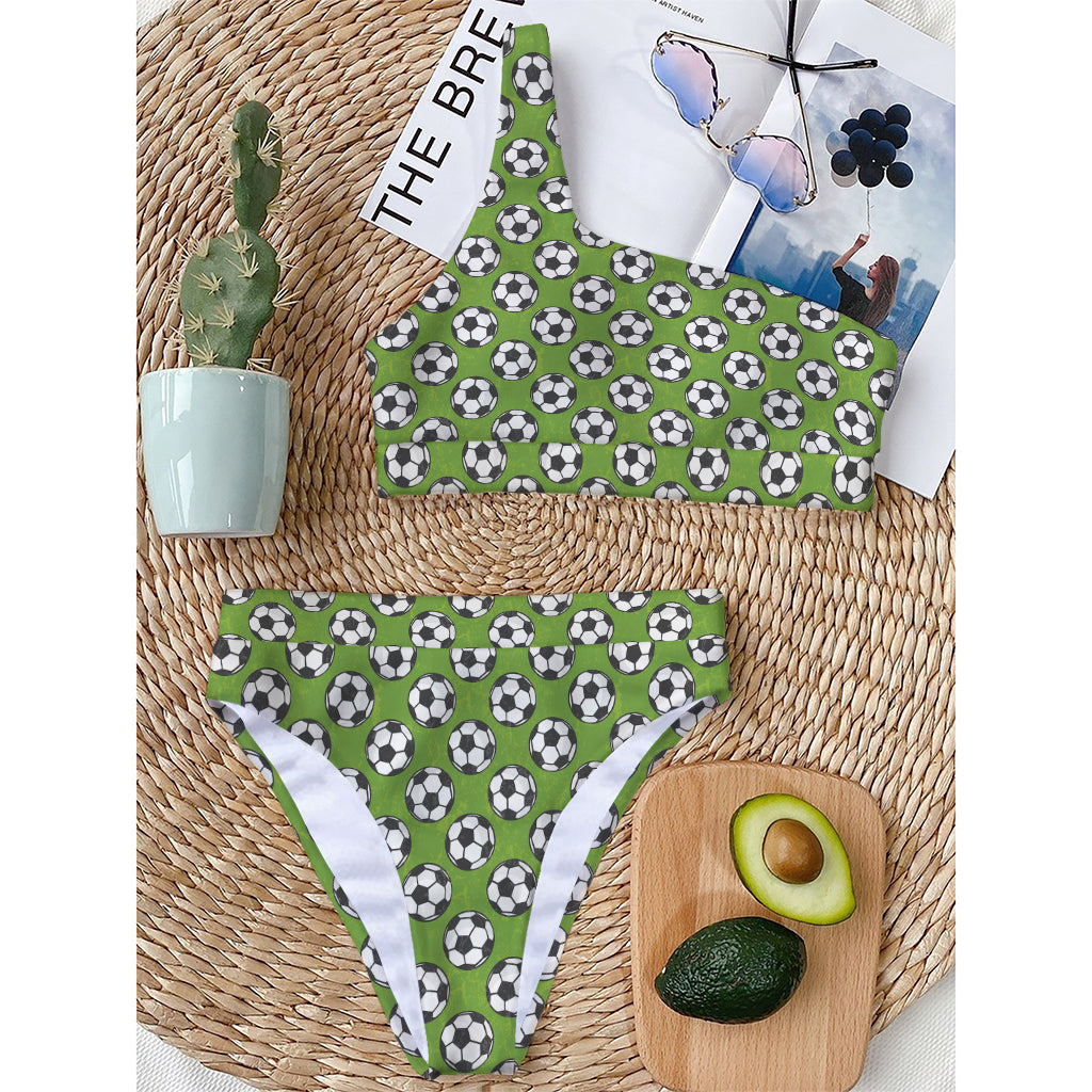 Green Soccer Ball Pattern Print One Shoulder Bikini Top