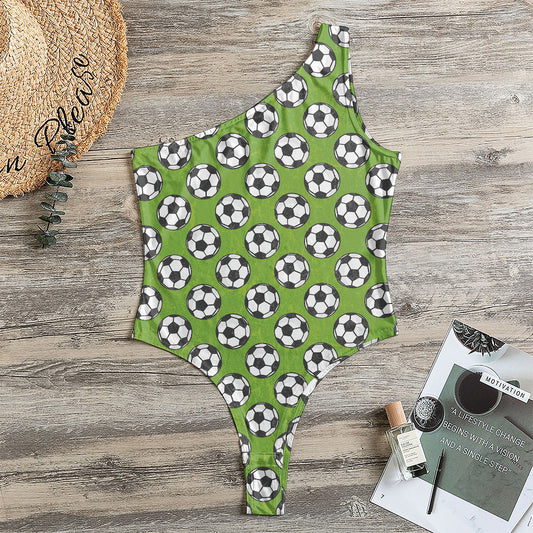 Green Soccer Ball Pattern Print One Shoulder Bodysuit