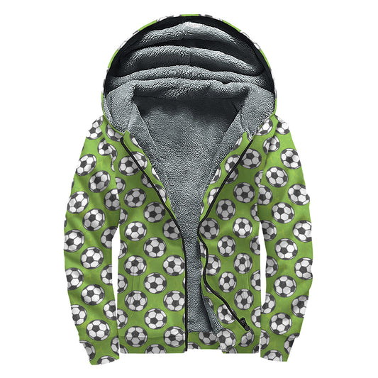 Green Soccer Ball Pattern Print Sherpa Lined Zip Up Hoodie