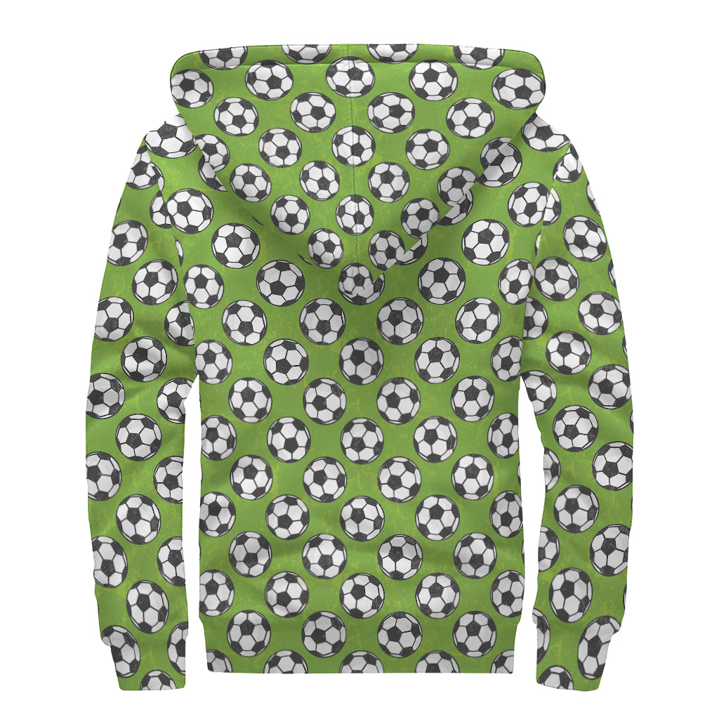 Green Soccer Ball Pattern Print Sherpa Lined Zip Up Hoodie
