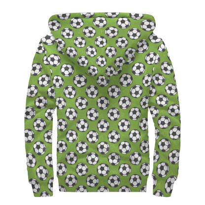 Green Soccer Ball Pattern Print Sherpa Lined Zip Up Hoodie