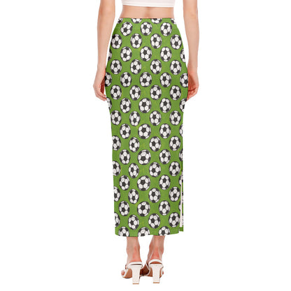 Green Soccer Ball Pattern Print Side Slit Maxi Skirt