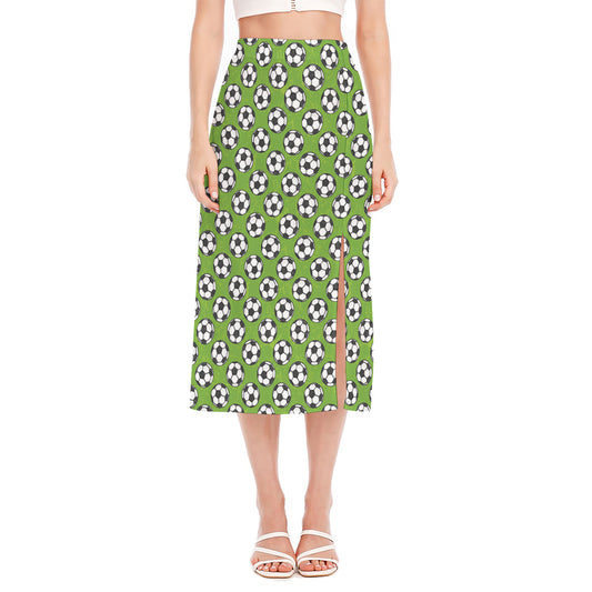 Green Soccer Ball Pattern Print Side Slit Midi Skirt