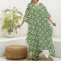 Green Soccer Ball Pattern Print Silk V-Neck Kaftan Dress