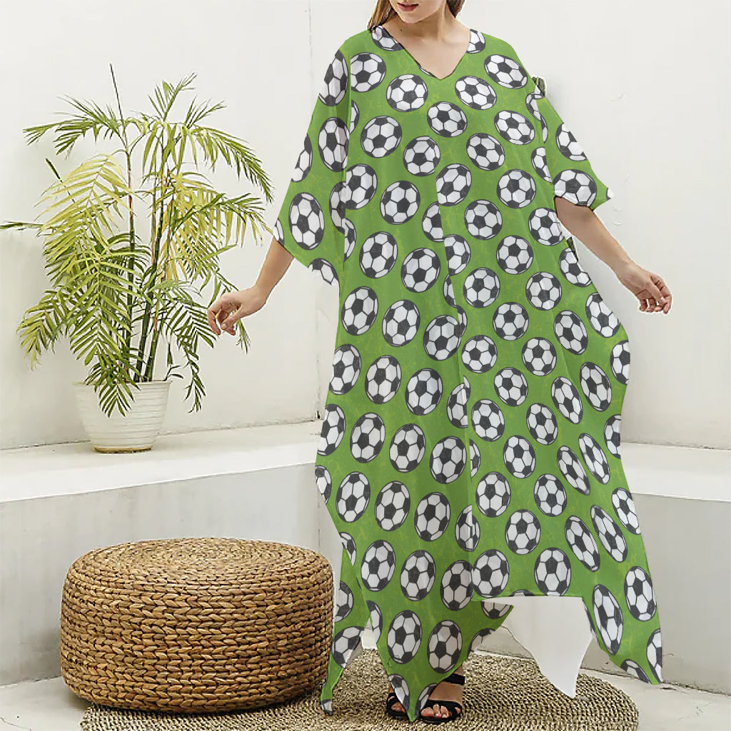 Green Soccer Ball Pattern Print Silk V-Neck Kaftan Dress